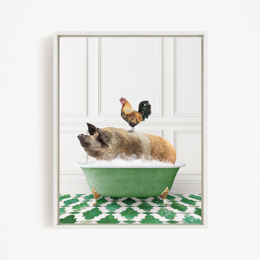 A rooster sits atop a pig in a green bathtub, surrounded by a green and white patterned floor.