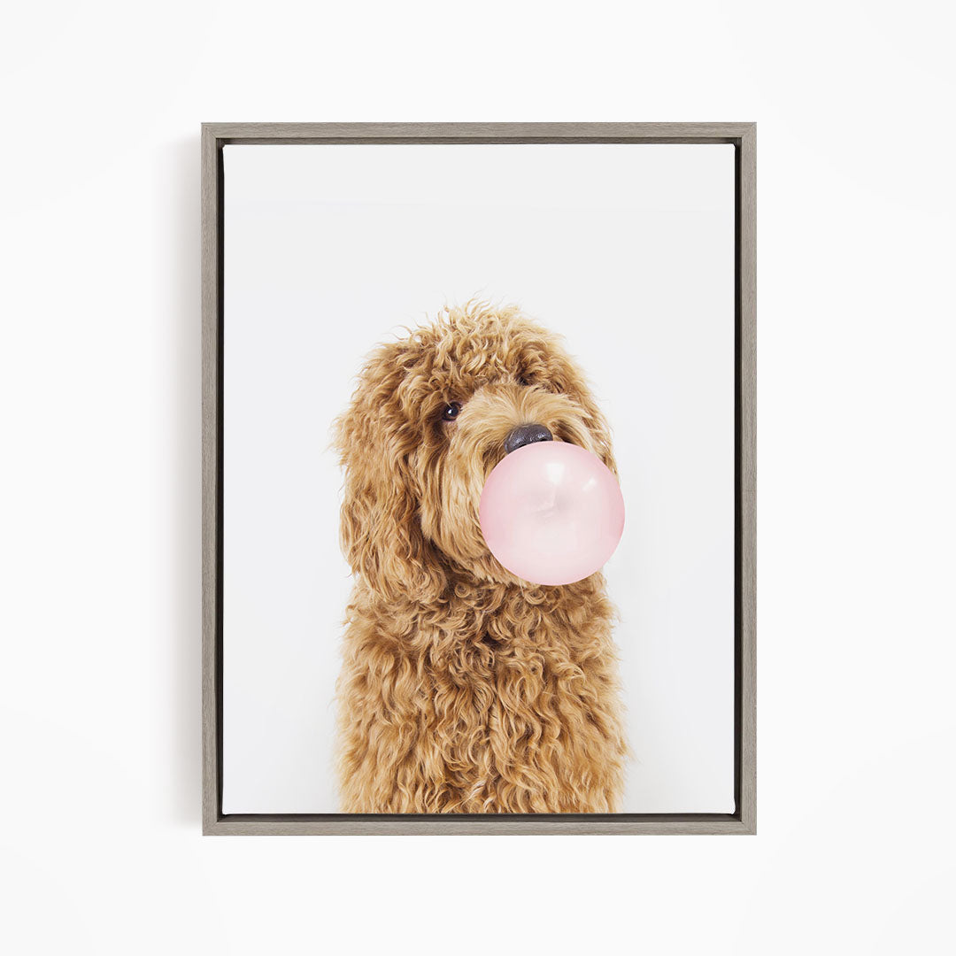 A fluffy brown dog is blowing a bubble with a pink bubble gum bubble.