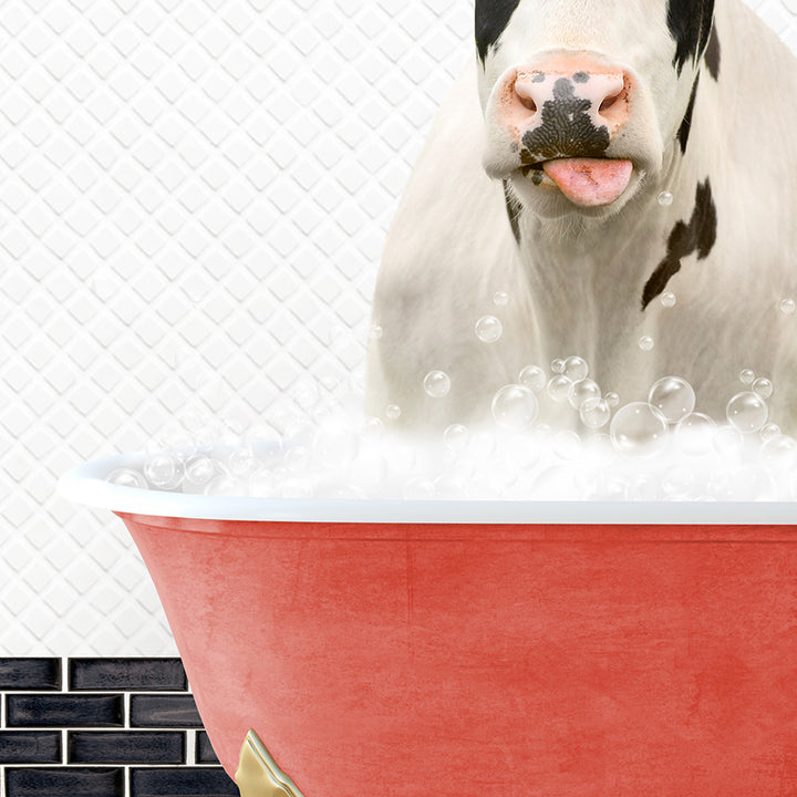 a cow sticking its tongue out in a bathtub