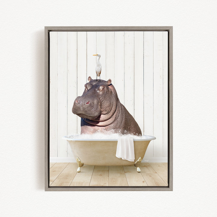 A hippopotamus sitting in a bathtub, with a seagull perched on its head.