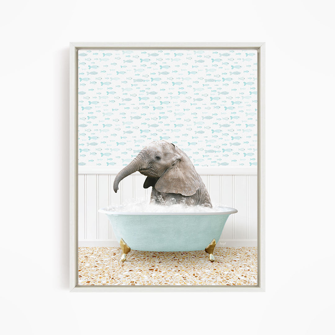 A baby elephant sitting in a bathtub filled with water, surrounded by a pattern of fish.