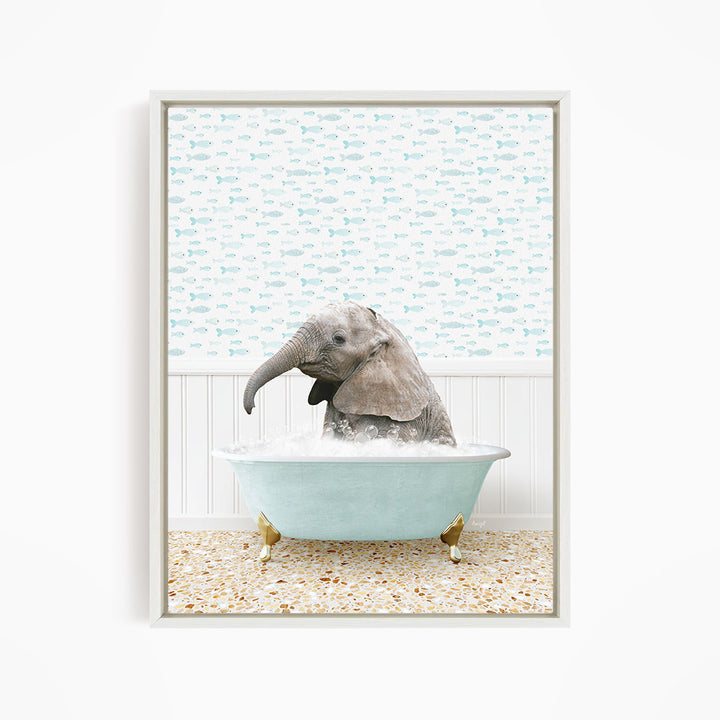 A baby elephant sitting in a bathtub filled with water, surrounded by a pattern of fish.