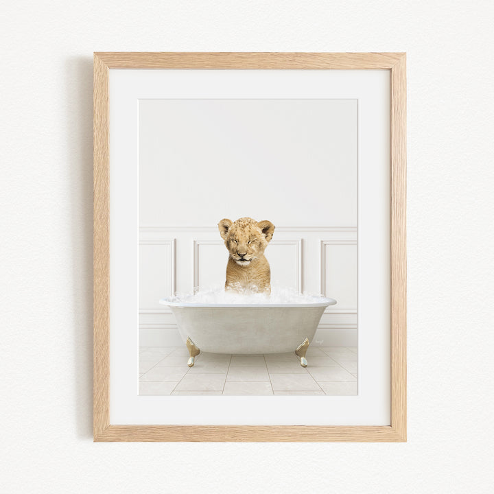 A young lion cub sitting in a white bathtub filled with water, looking directly at the camera.