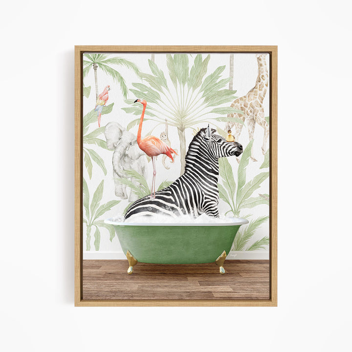 A zebra is sitting in a green bathtub, surrounded by various colorful birds and animals, including a flamingo, a giraffe, and a parrot, against a tropical background.