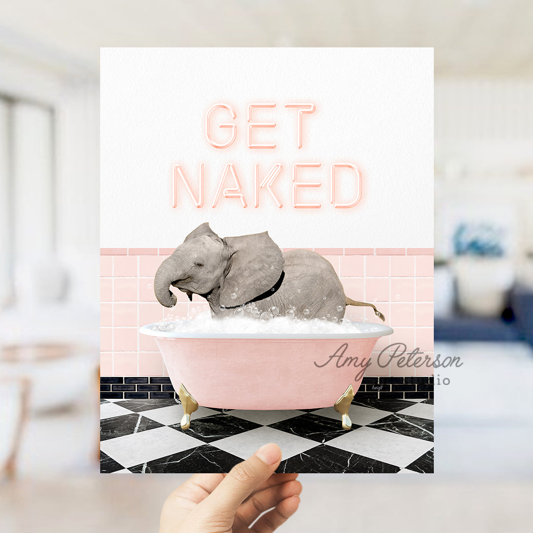 a person holding up a card with an elephant in a bathtub