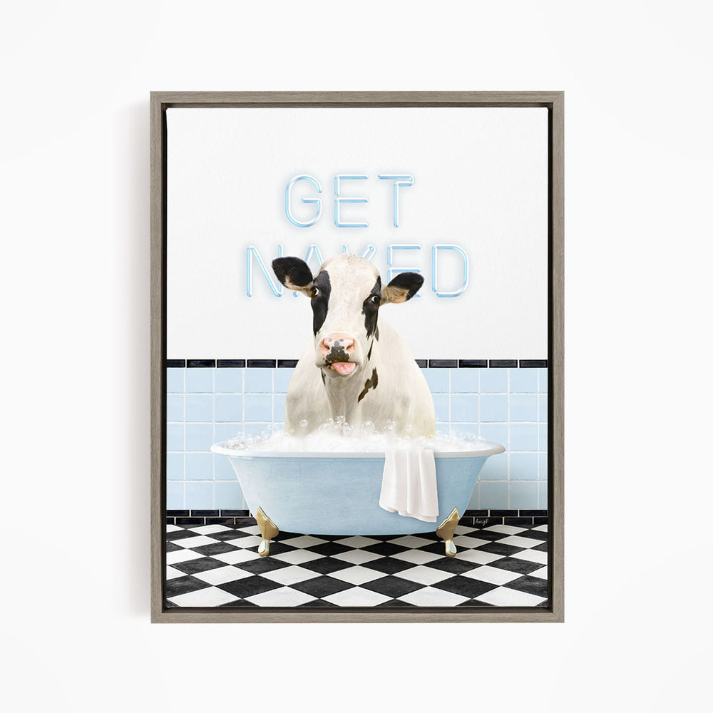 A cow sitting in a bathtub with the text "GET NAMED" displayed above it.