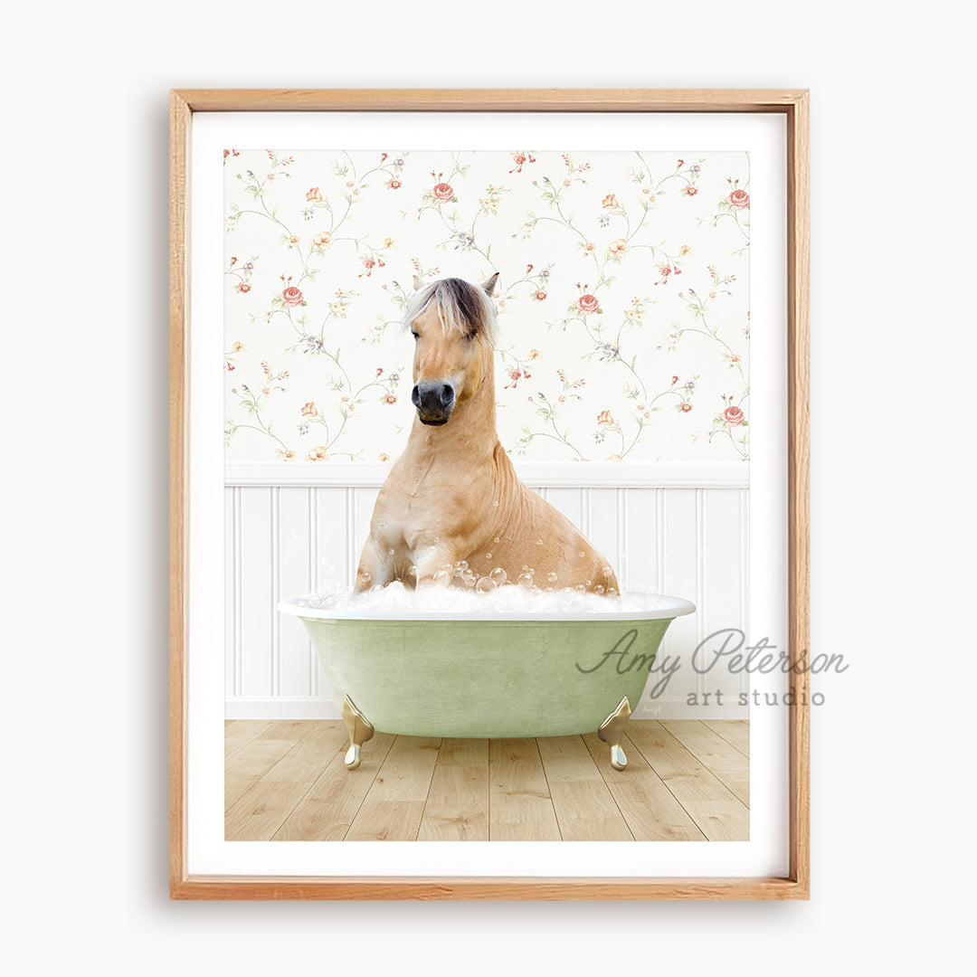 a horse sitting in a bathtub with a flowered wallpaper behind it