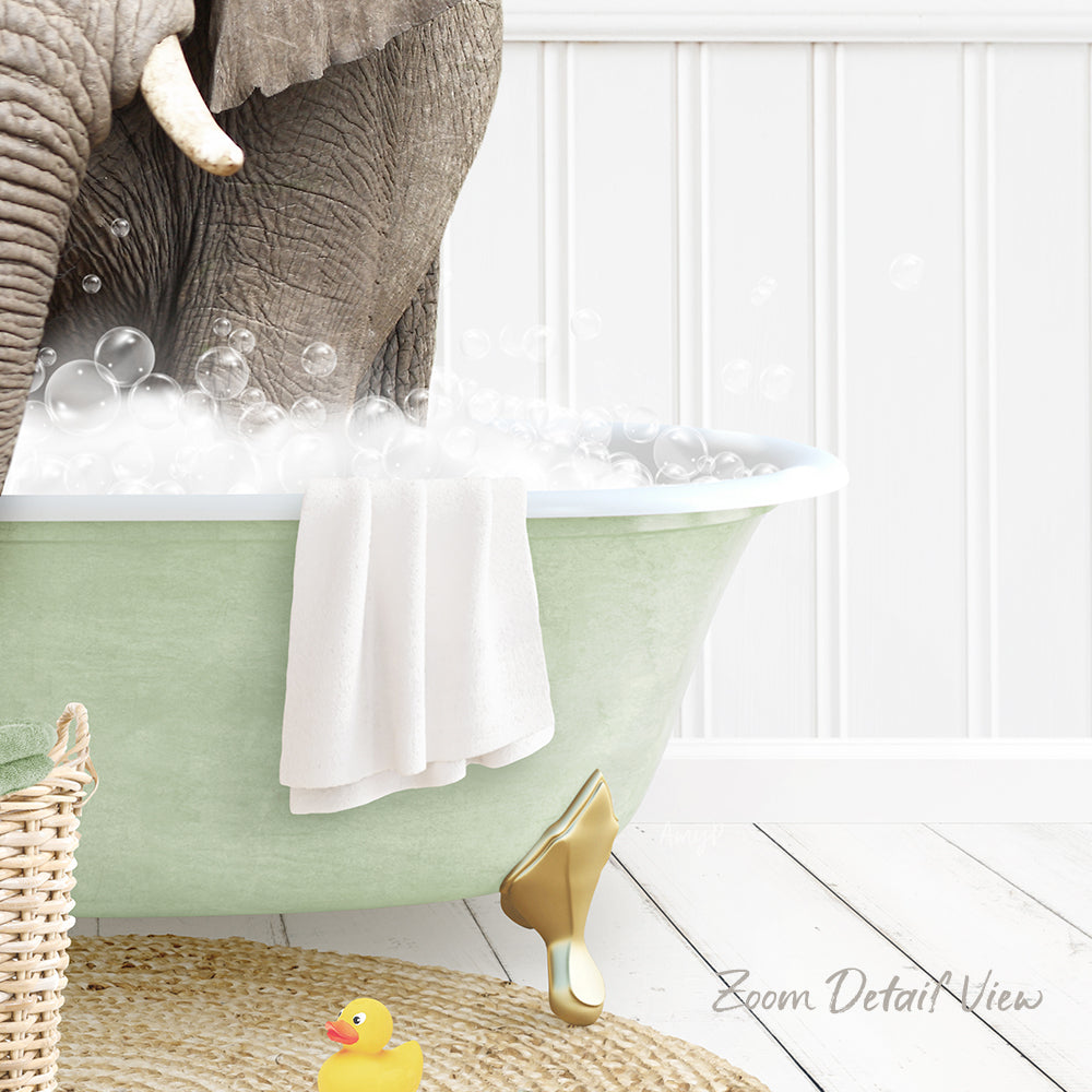 A green bathtub filled with bubbles, with a white towel and a yellow rubber duck nearby.