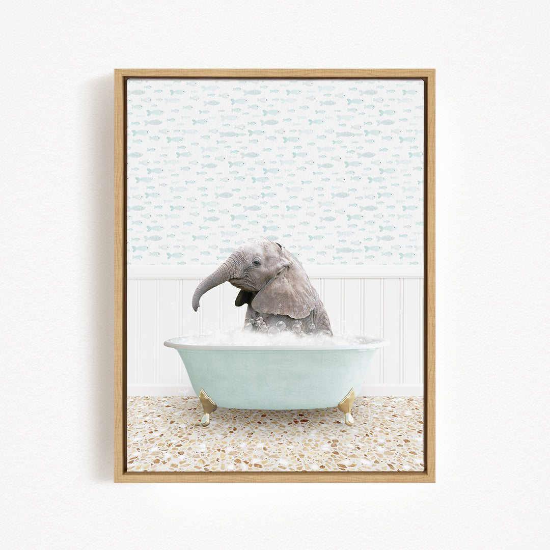 A baby elephant sitting in a bathtub filled with water, surrounded by a patterned wall.