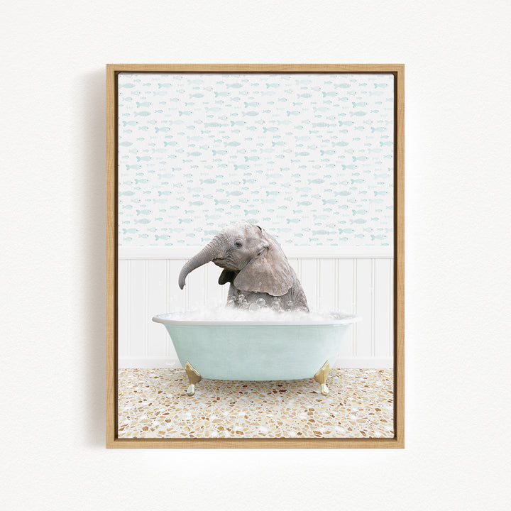 A baby elephant sitting in a bathtub filled with water, surrounded by a patterned wall.