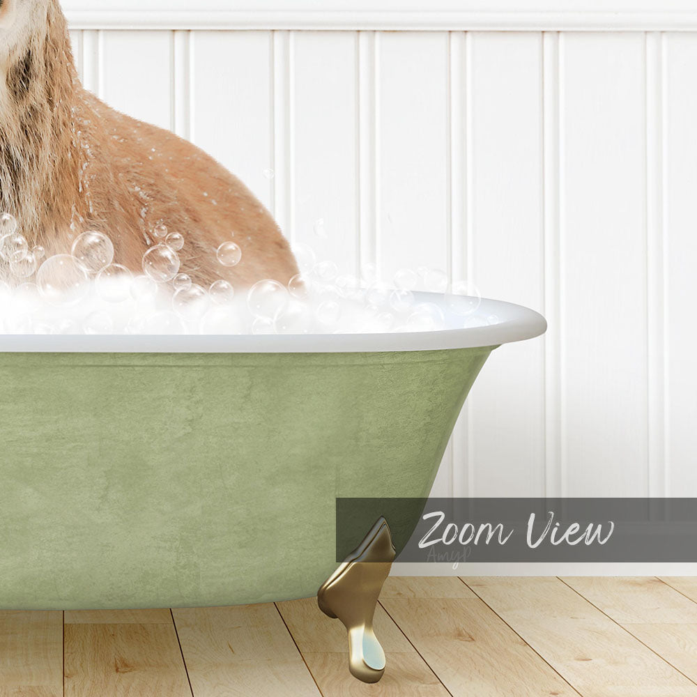 A dog is sitting in a green bathtub filled with bubbles, enjoying a bath.