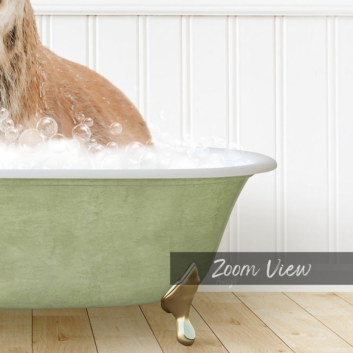 A dog is sitting in a green bathtub filled with bubbles, enjoying a bath.