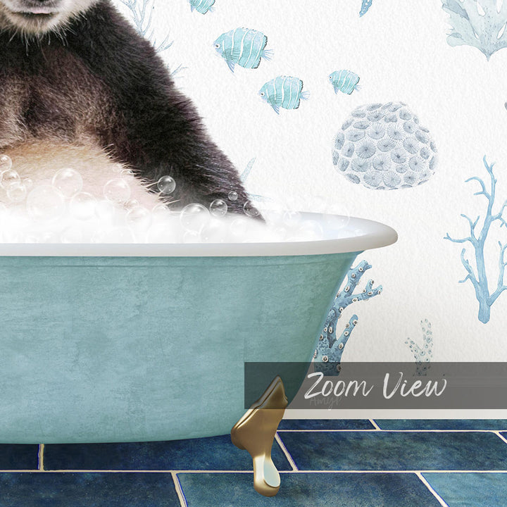 A cat sitting in a bathtub filled with bubbles, with a coral and fish motif in the background.