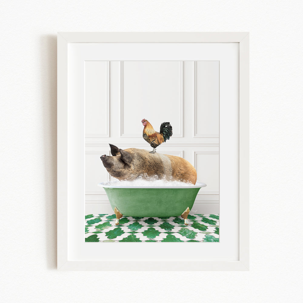 A rooster sits atop a pig in a green bathtub, both resting on a green and white patterned rug.