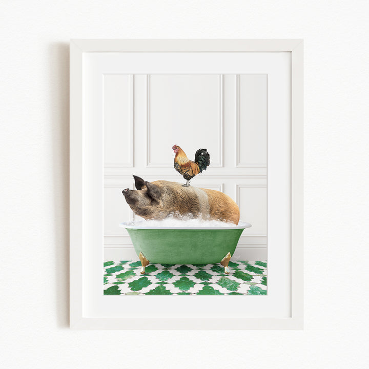 A rooster sits atop a pig in a green bathtub, both resting on a green and white patterned rug.