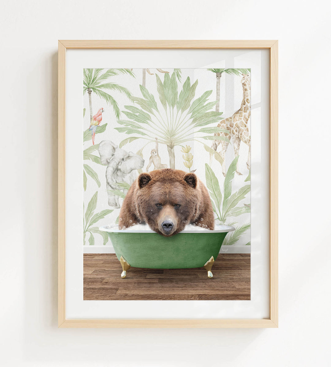 A brown bear is sitting in a green bathtub, surrounded by tropical foliage and animals, creating a whimsical and playful scene.