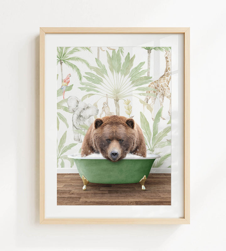 A brown bear is sitting in a green bathtub, surrounded by tropical foliage and animals, creating a whimsical and playful scene.