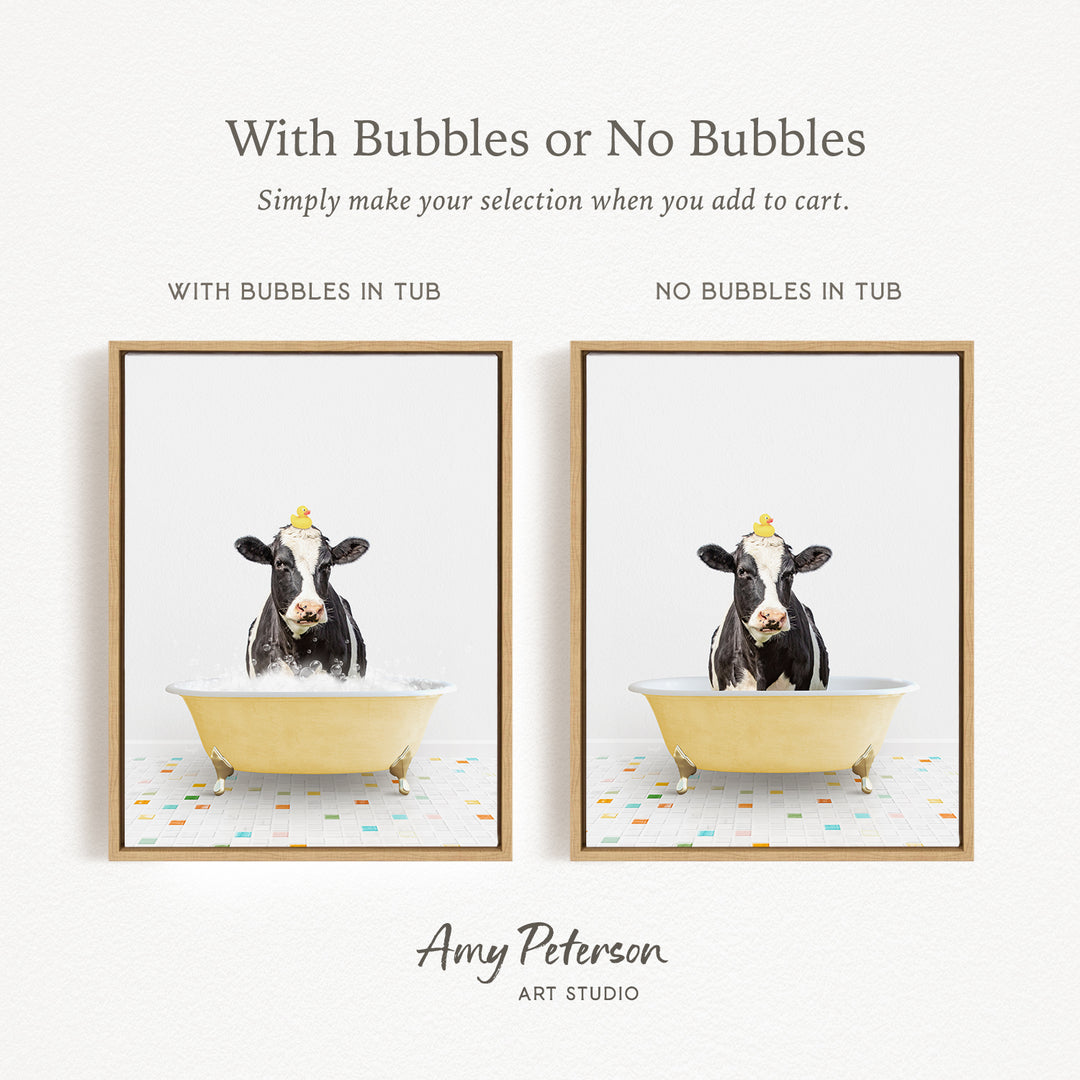 The image is a collage of two framed pictures, each depicting a cow sitting in a tub. The cow in the tub has bubbles on its head, while the other cow in the tub does not have bubbles. The text above the images reads "With Bubbles or No Bubbles Simply make your selection when you add to cart."