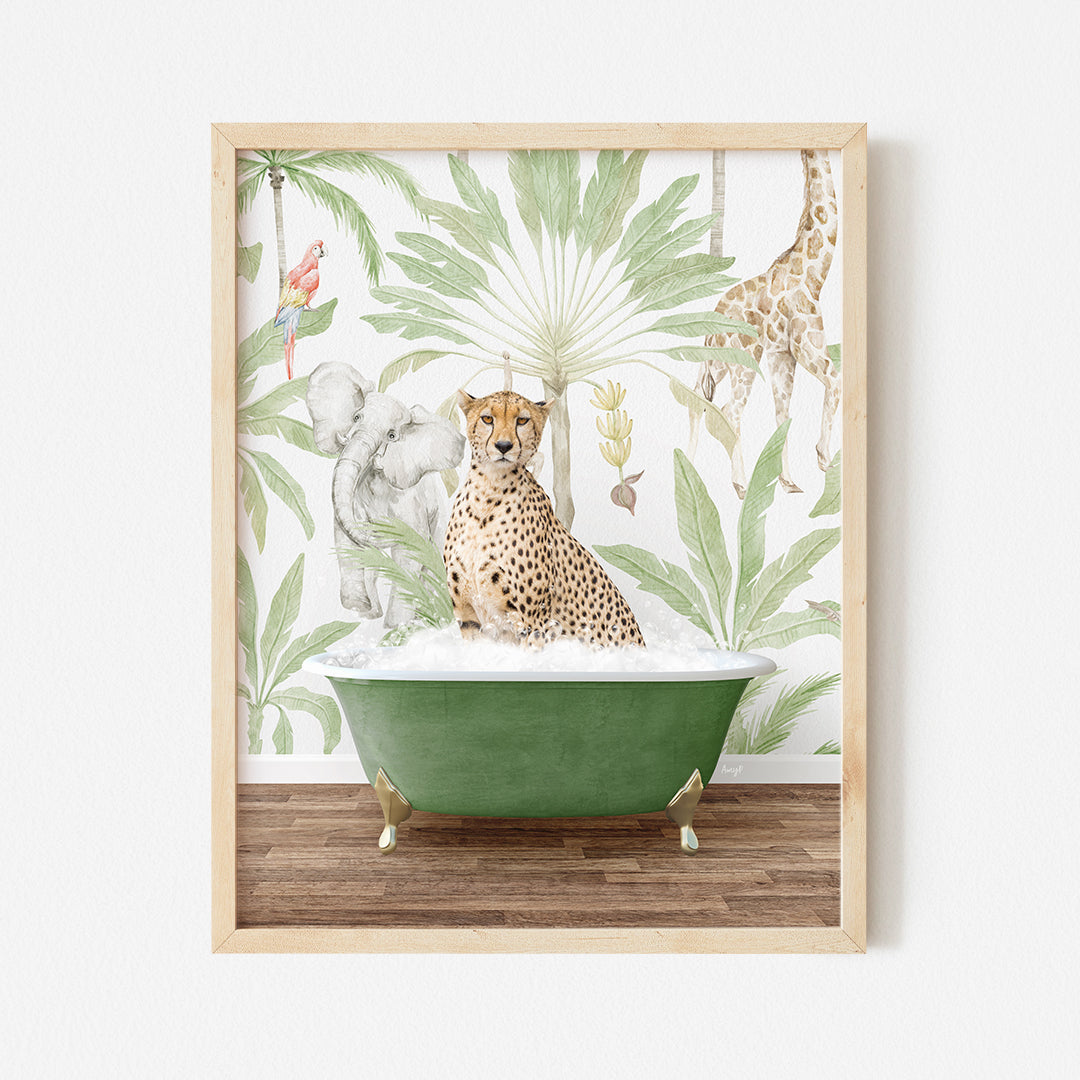 a painting of a cheetah sitting in a bathtub