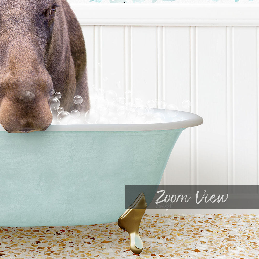 A close-up of a dog's face peeking out of a light blue bathtub filled with bubbles, with a text overlay that reads "Zoom View".