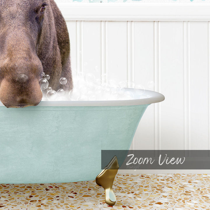 A close-up of a dog's face peeking out of a light blue bathtub filled with bubbles, with a text overlay that reads "Zoom View".