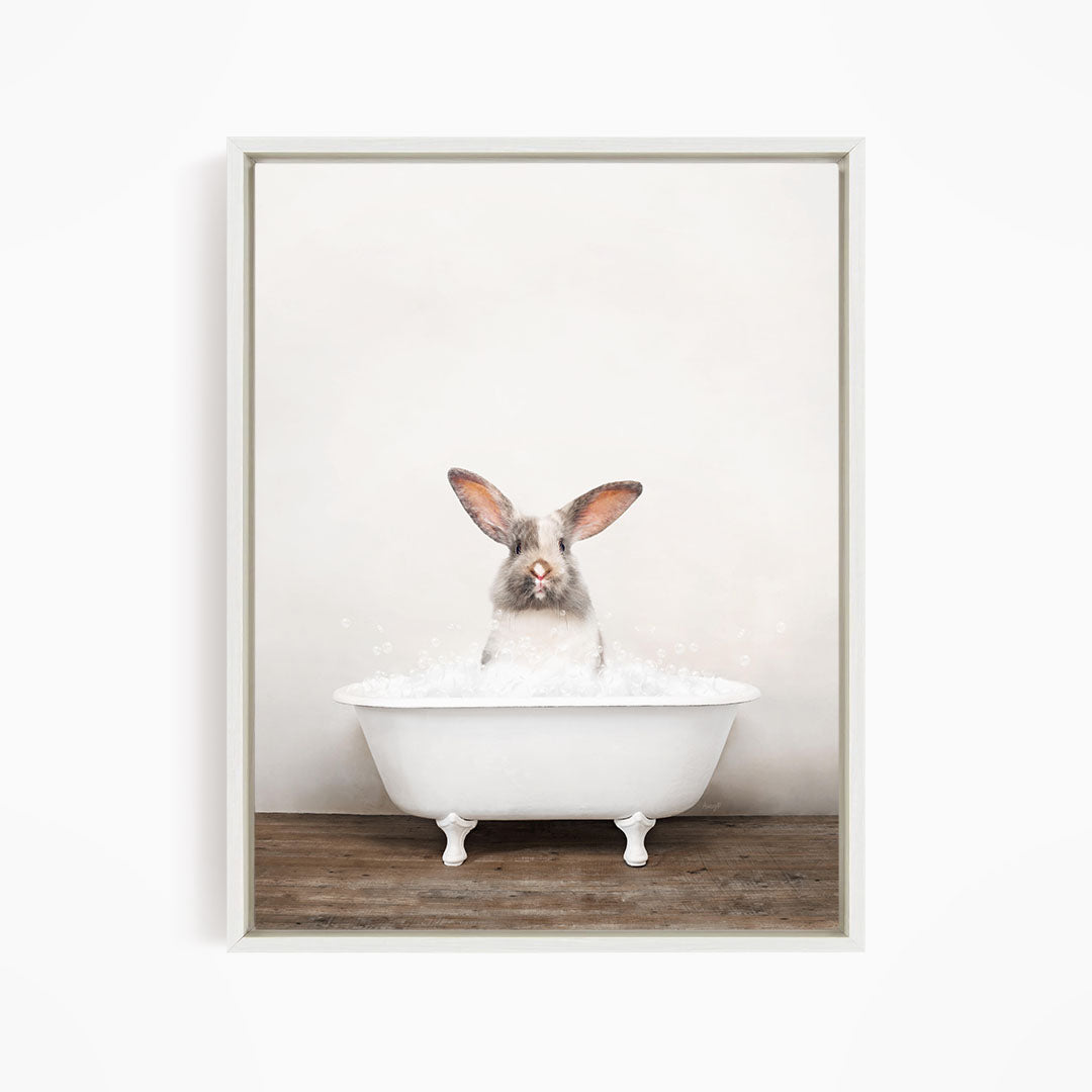 A white rabbit sitting in a white bathtub filled with water, looking directly at the camera.