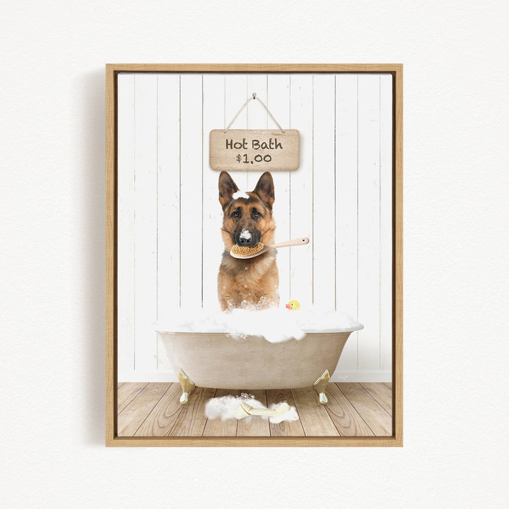 A German Shepherd dog is sitting in a bathtub filled with bubbles, with a sign above the tub indicating that it is a "Hot Bath $1.00".