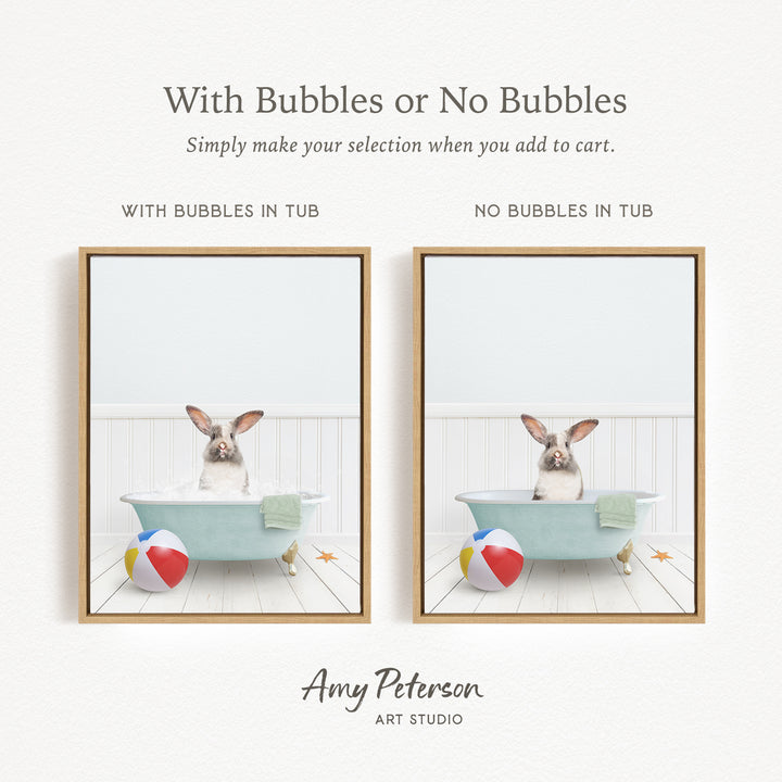 The image is a collage of two pictures, each featuring a rabbit sitting in a bathtub with or without bubbles. The text above the images reads "With Bubbles or No Bubbles Simply make your selection when you add to cart." The text below the images says "WITH BUBBLES IN TUB" and "NO BUBBLES IN TUB." The artist's name, Amy Peterson, is displayed at the bottom of the image.