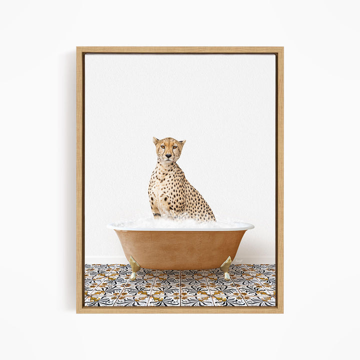 A cheetah sitting in a bathtub filled with water, surrounded by a patterned tile floor.