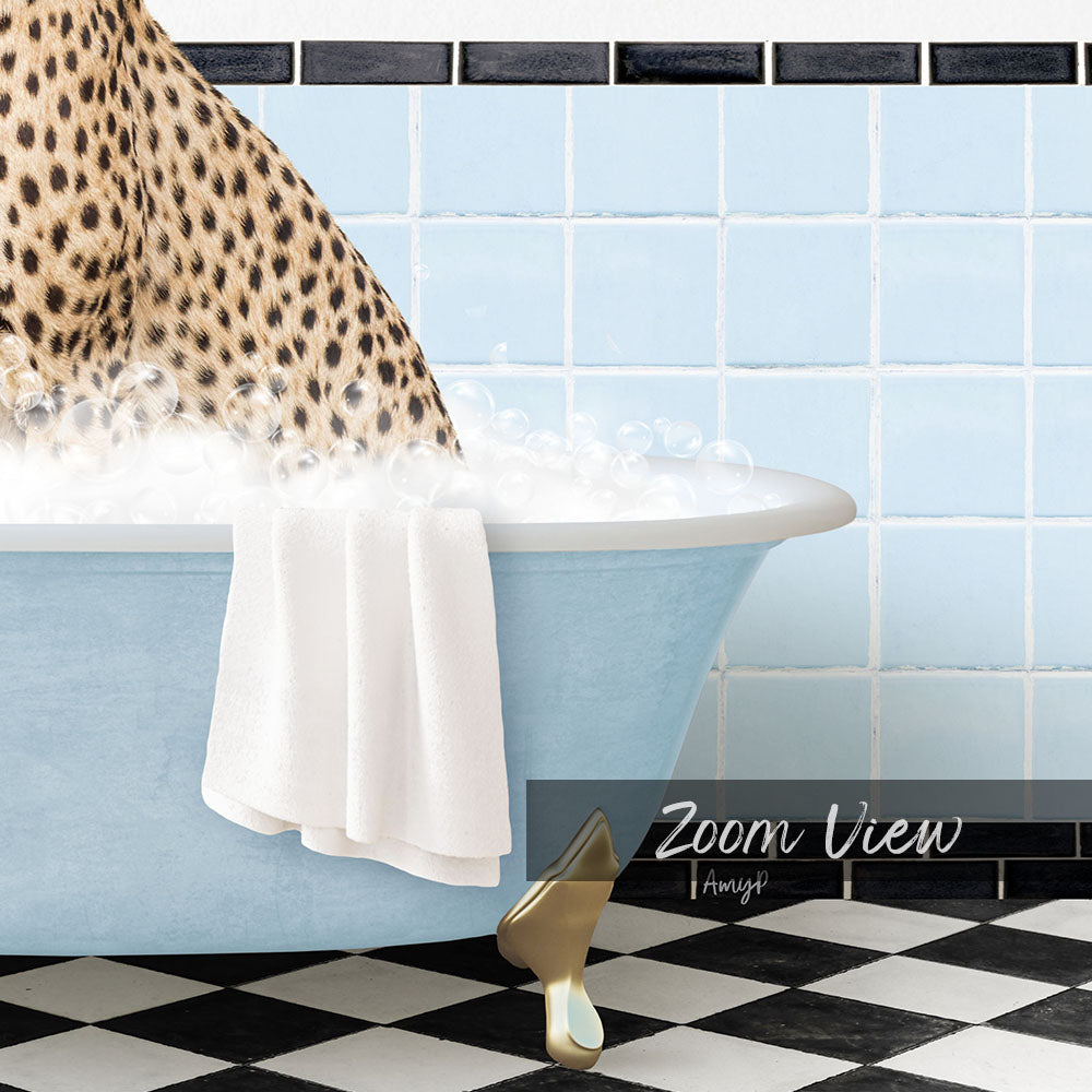 A leopard-print cat is sitting in a blue bathtub filled with water, with a towel draped over its back.