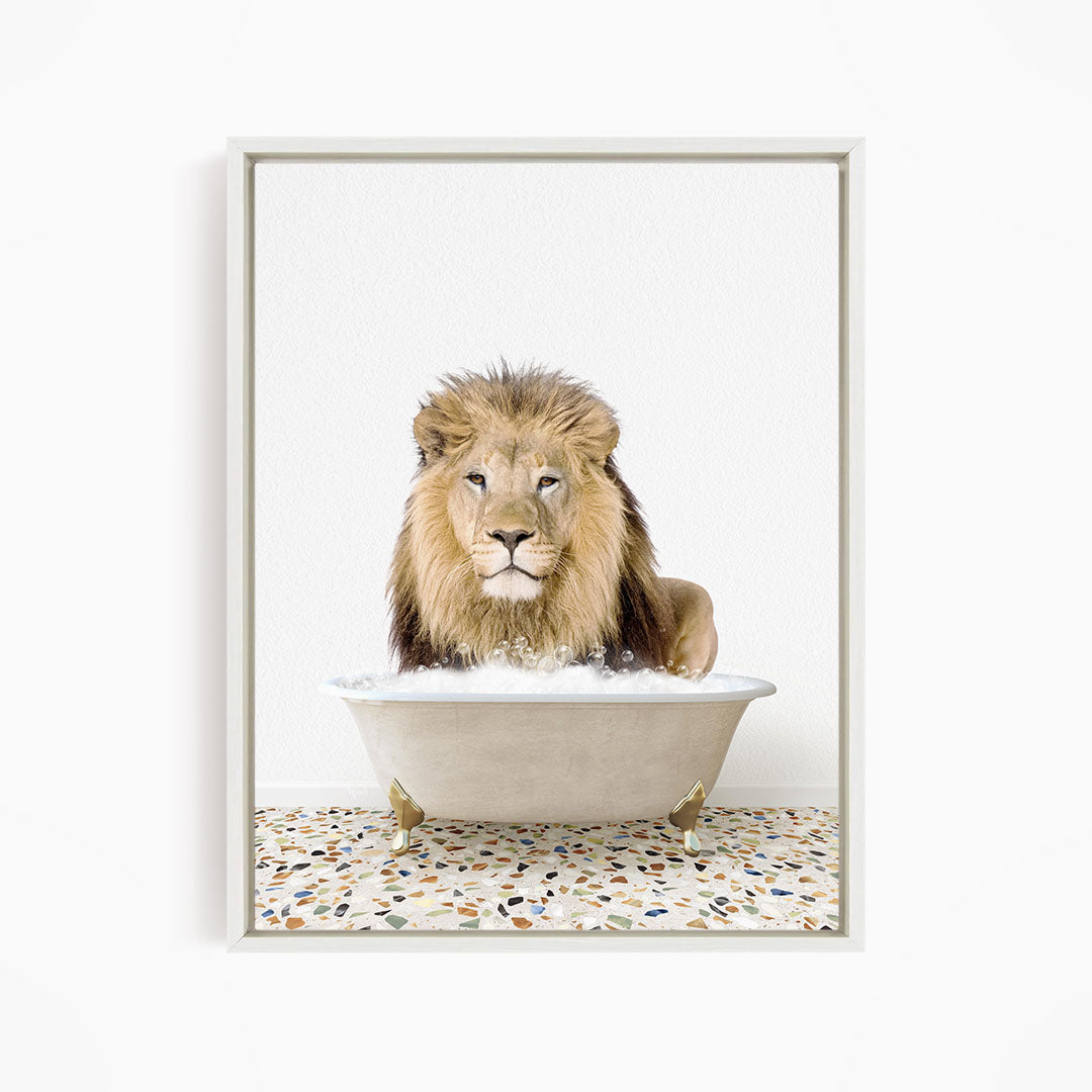 A lion is sitting in a bathtub filled with water, surrounded by a tiled floor.