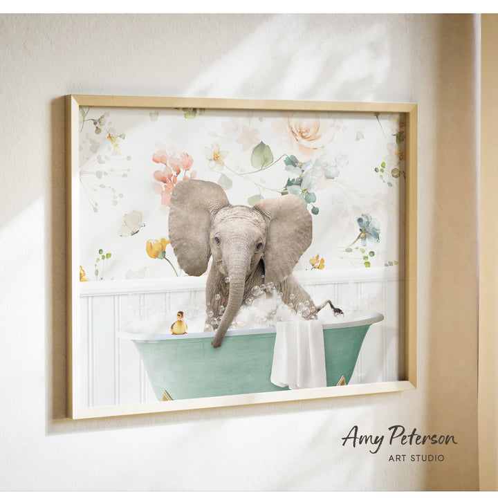A framed print of an elephant sitting in a bathtub filled with bubbles, surrounded by a floral pattern.