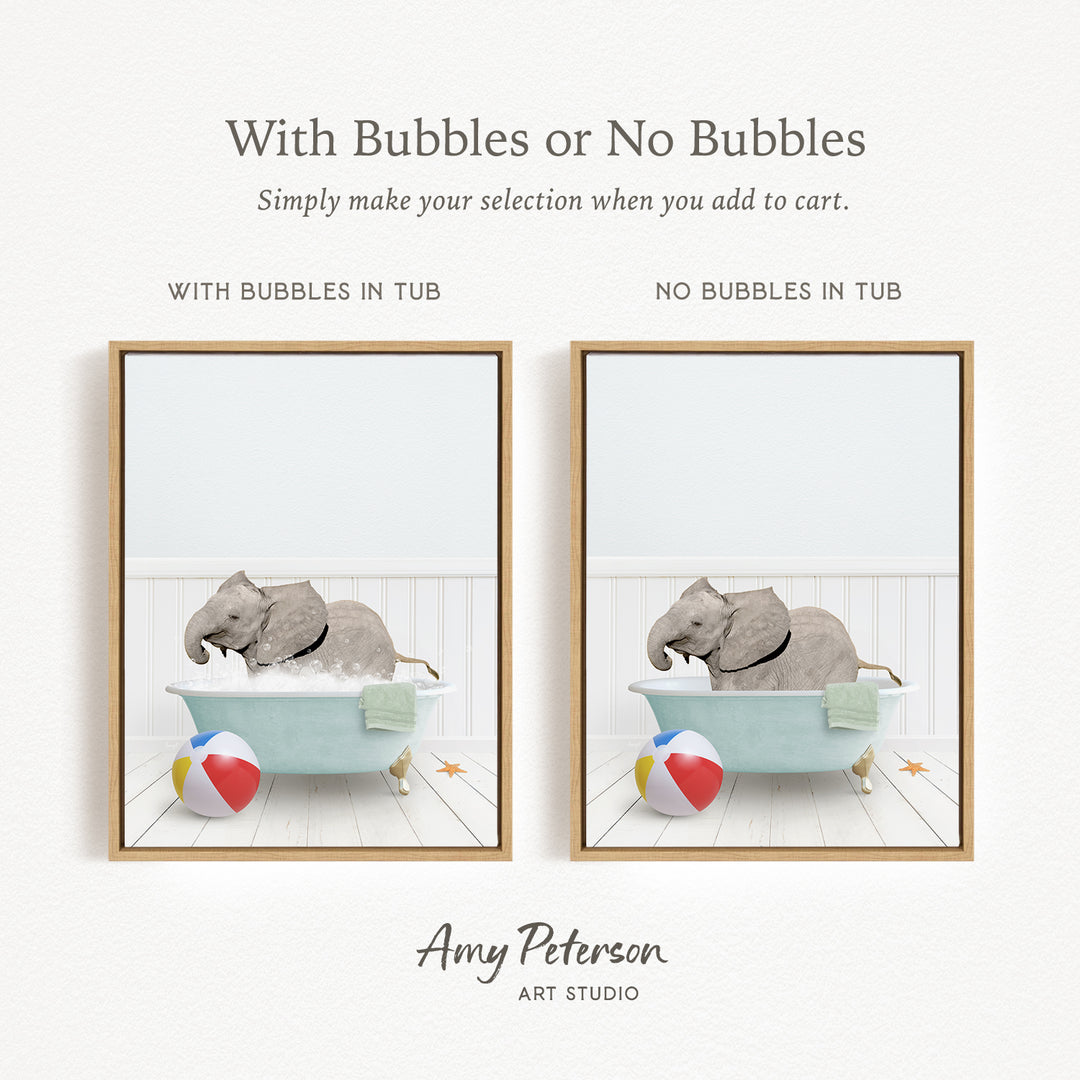 The image is a collage of two pictures, each depicting an elephant in a bathtub. The elephant in the first picture has bubbles in the tub, while the elephant in the second picture does not have bubbles. The collage is titled "With Bubbles or No Bubbles" and is created by Amy Peterson from Art Studio.