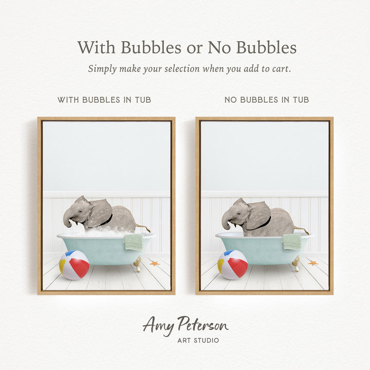 The image is a collage of two pictures, each depicting an elephant in a bathtub. The elephant in the first picture has bubbles in the tub, while the elephant in the second picture does not have bubbles. The collage is titled "With Bubbles or No Bubbles" and is created by Amy Peterson from Art Studio.