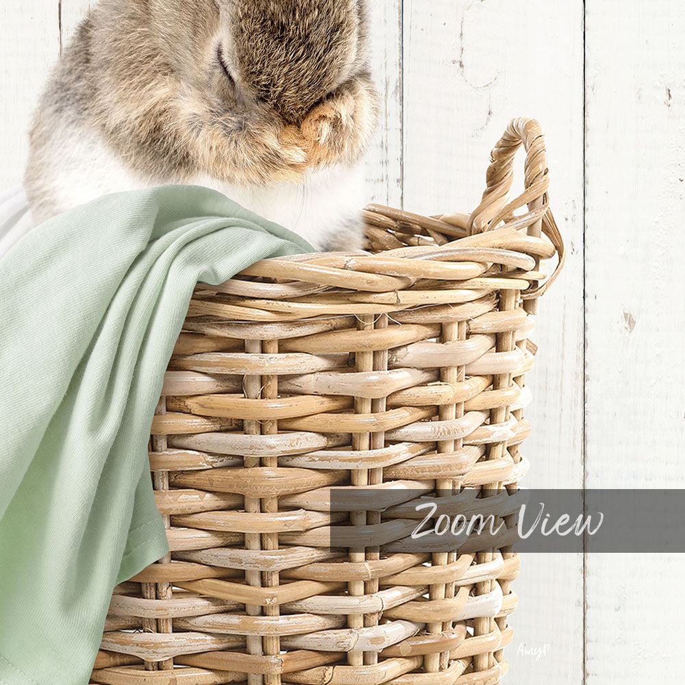 A cat is curled up and sleeping in a wicker basket, with a green blanket draped over the side.