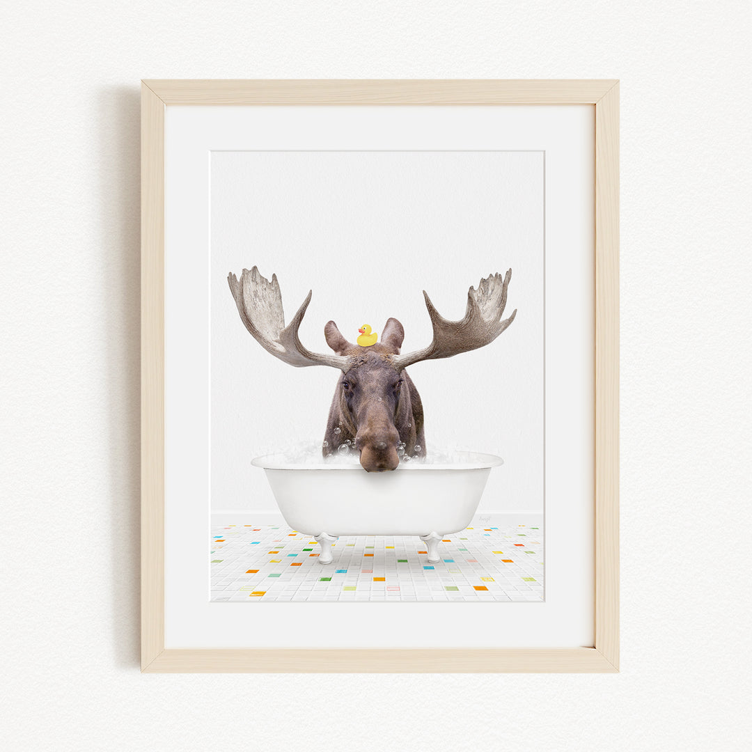 A moose with large antlers is sitting in a white bathtub, with a yellow rubber duck perched on its head.
