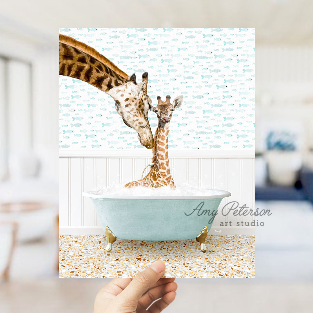 a giraffe sticking its head into a bathtub with another giraffe