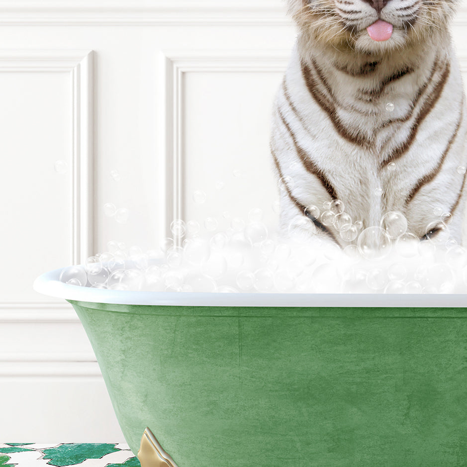 a tiger sitting in a bath tub filled with bubbles