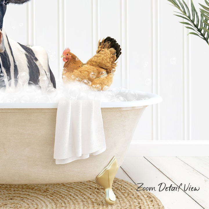 A chicken is sitting in a bathtub filled with bubbles, with a towel draped over the side and a plant in the background.