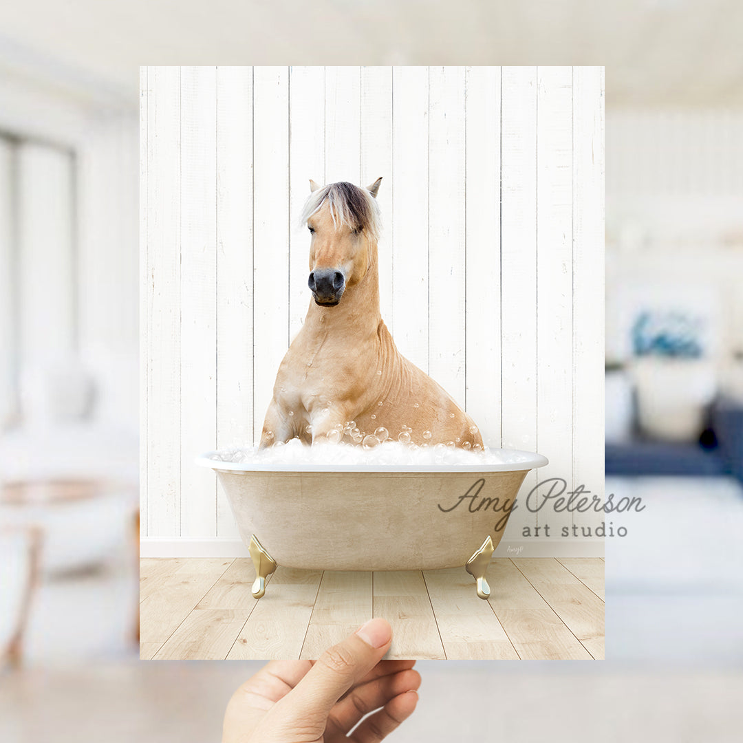 a horse sitting in a bathtub in a room