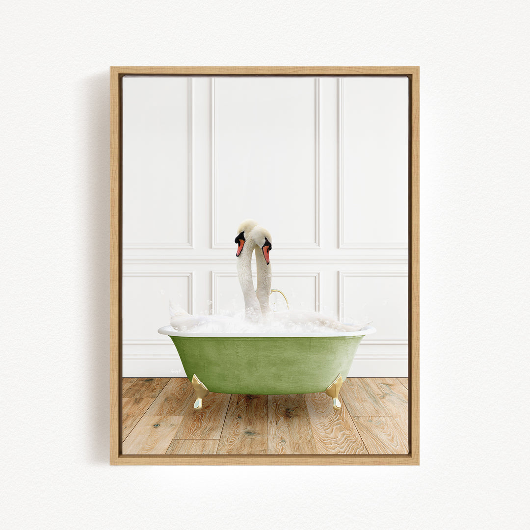 A green bathtub filled with water, with a pair of swans standing inside it.