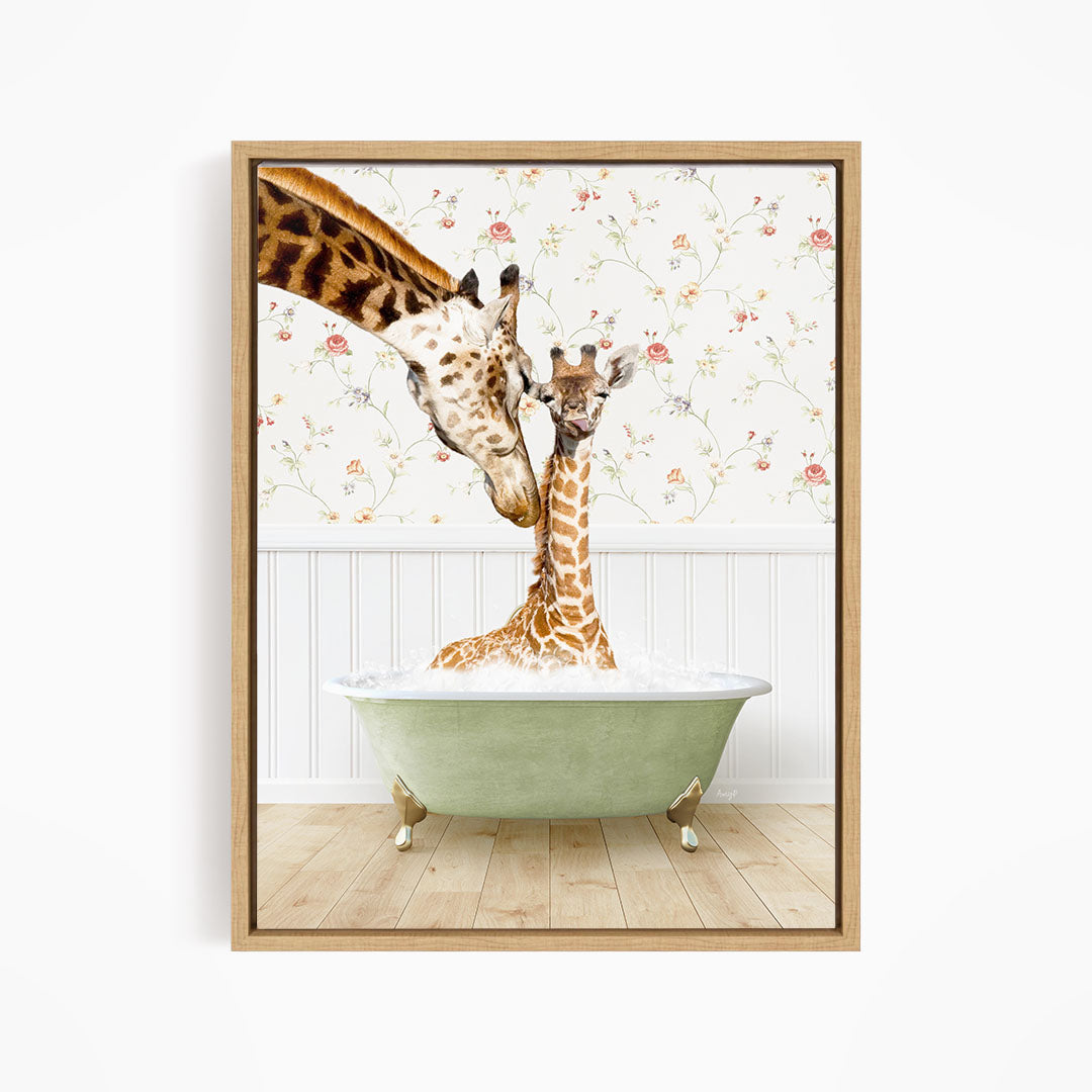 A giraffe is sitting in a green bathtub, with another giraffe standing on its back and a third giraffe sitting on its stomach, all against a floral wallpaper background.