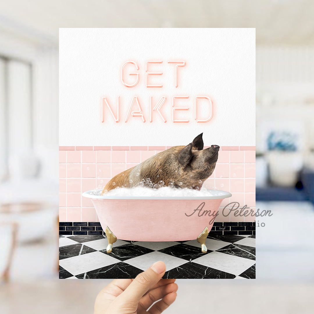 a person holding up a card with a dog in a bathtub