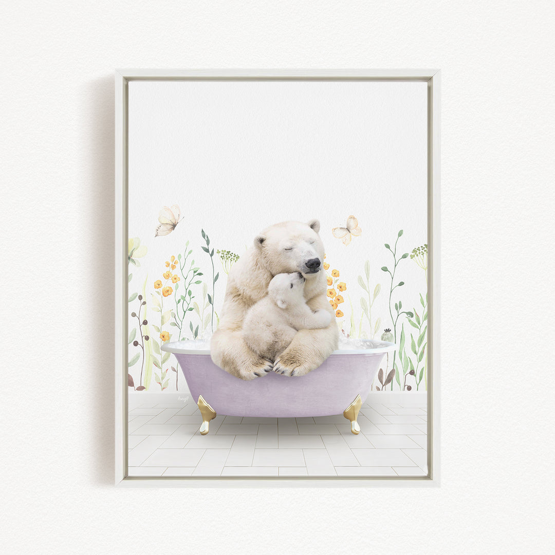 A polar bear is sitting in a bathtub filled with flowers, surrounded by butterflies and greenery.