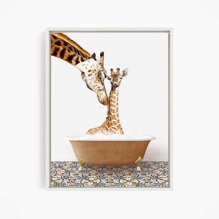 A mother giraffe and her baby giraffe are sitting together in a bathtub filled with water, creating a heartwarming scene.