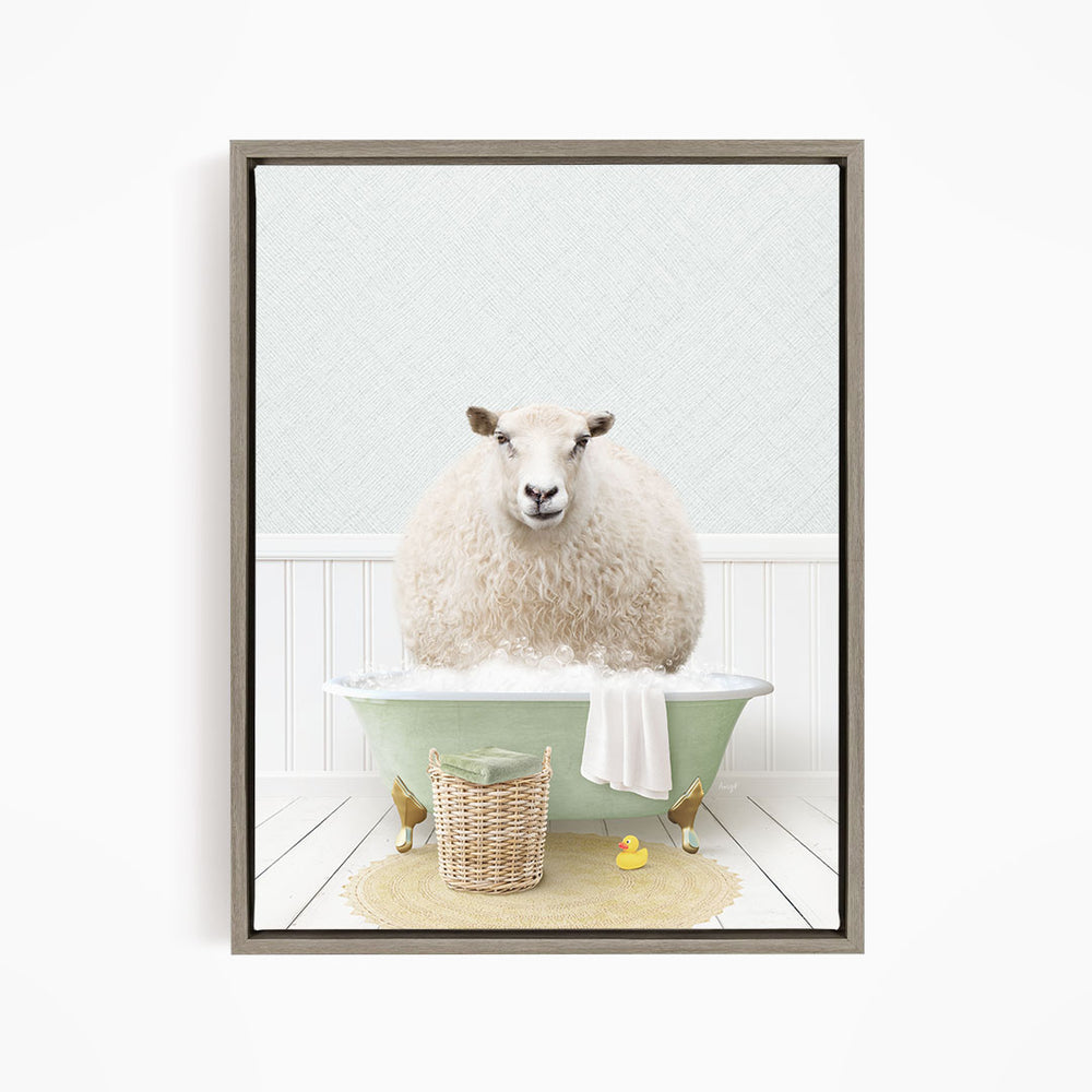 A fluffy white sheep sits in a green bathtub filled with bubbles, surrounded by a basket of toys and a yellow rubber duck.