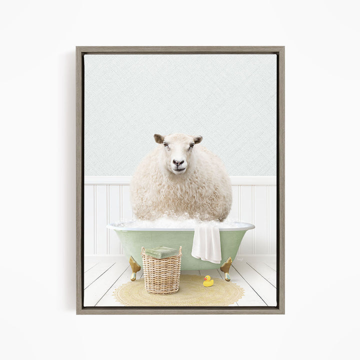A fluffy white sheep sits in a green bathtub filled with bubbles, surrounded by a basket of toys and a yellow rubber duck.