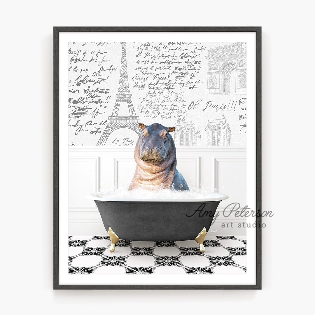 a hippo is sitting in a bathtub in front of the eiffel