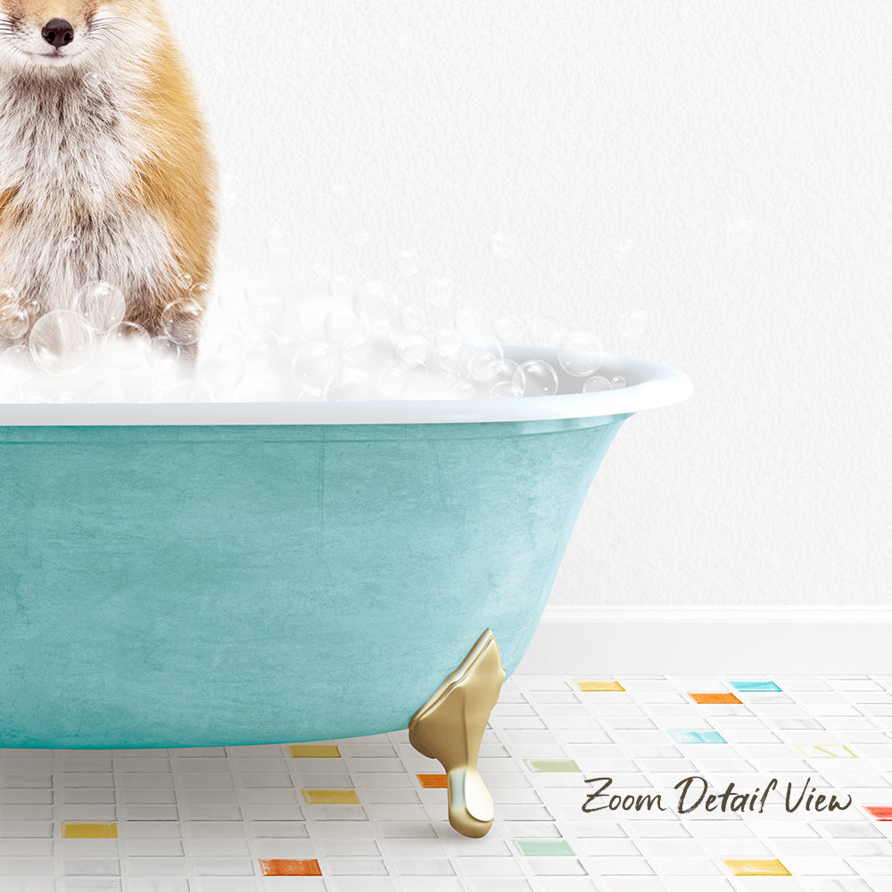 A dog is standing in a blue bathtub filled with bubbles, with a colorful tiled floor in the foreground.
