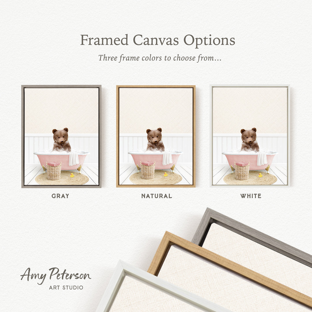 The image is a framed canvas option showcasing three different colored frames for a picture of a small dog sitting in a bathtub.